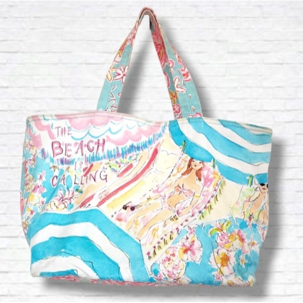 Lilly Pulitzer Blue, Pink and Yellow Beach Print Tote